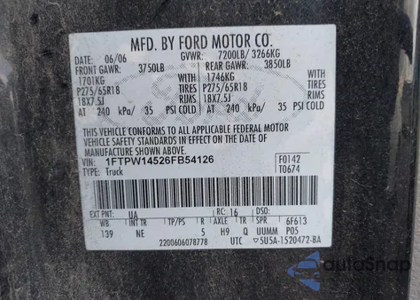 2006 Ford F-150 Fx4/Lariat/Xlt from USA, damaged, VIN 1FTPW14526FB54126